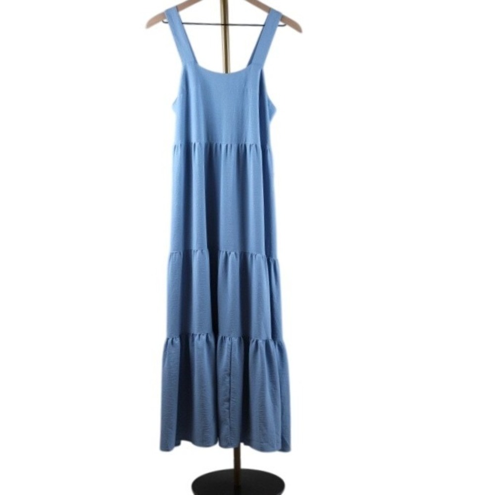 Black Bow Womens Blue Tiered Maxi Dress Sleeveless Square Neck Pockets S/P NEW
